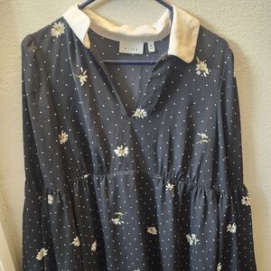 K/Lab Dark Blue Floral Midi Dress with White Collar